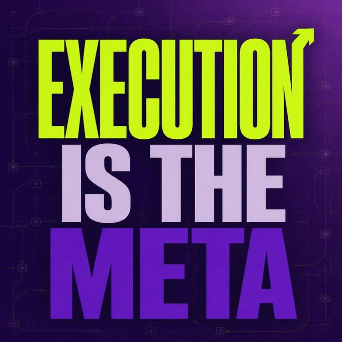 A graphic with bold text reading "EXECUTION IS THE META" in lime green, white, and purple against a dark purple background with faint tech-themed patterns.