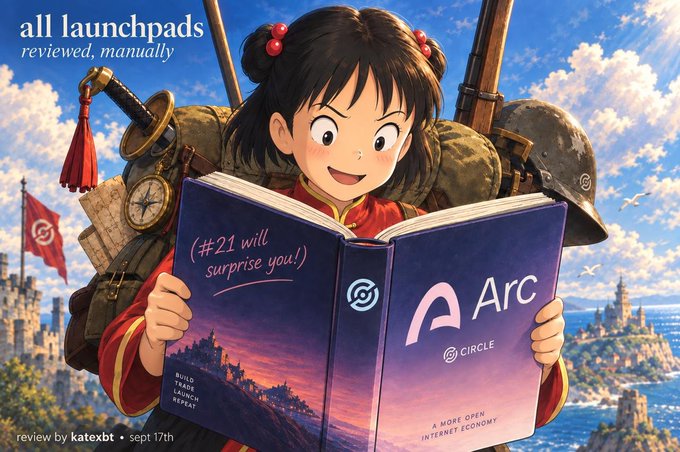 The image is an anime-style illustration of an excited girl with pigtails holding a book labeled "Arc" by "Circle" with the text "(#21 will surprise you!)" on its cover, alongside "all launchpads reviewed, manually" and "review by katexbt • sept 17th." It ties to the post by visually representing the manual review of 21 launchpads on Arc's platform, using the book and surprised expression to highlight the unexpected findings ("very bad stuff") revealed in the review.
