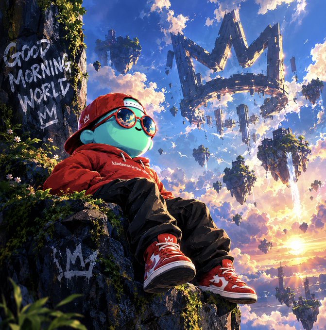 Digital art illustration showing a turquoise cartoon character wearing a red cap, sunglasses, and red sneakers sitting on a rock, with 'GOOD MORNING WORLD' text and floating islands in the sky.