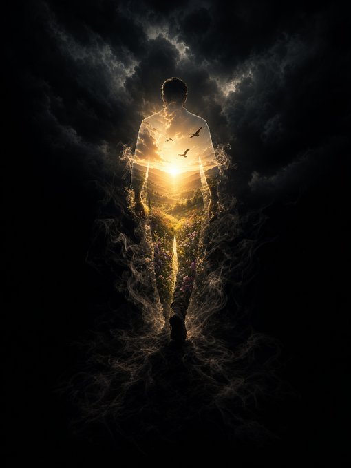 A silhouette of a person stands enveloped in swirling smoke, revealing a bright, sunlit landscape of flowers and birds within their outline against a dark background.