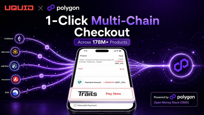 A promotional graphic for Uquid x Polygon advertising "1-Click Multi-Chain Checkout Across 178M+ Products", showing a mobile phone displaying a payment screen with USDC_POL, powered by Polygon (Open Money Stack).