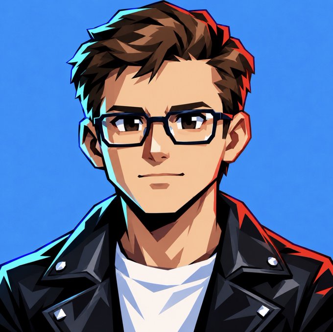 A stylized anime-style portrait illustration of a young man with brown hair, black glasses, and a black leather jacket against a blue background.