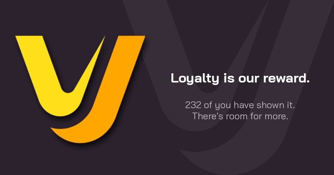 A yellow and orange 'vy' logo with the tagline 'Loyalty is our reward,' noting that 232 people have shown it.