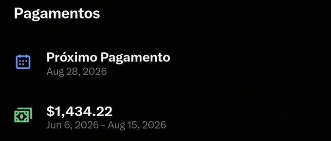 The image shows a "Pagamentos" (Payments) screen displaying a next payment date of Aug 28, 2026, and a received payment of $1,434.22 covering the period from Jun 6, 2026 to Aug 15, 2026. This corroborates the post's claim of receiving $1,434.22 from monetization, providing visual evidence of the earnings.