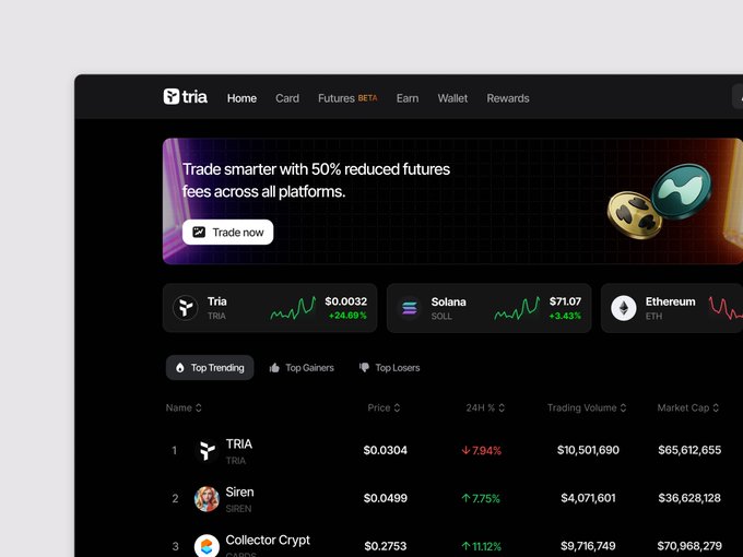 The image shows a screenshot of a website called "tria", which appears to be a trading platform for cryptocurrencies like Bitcoin. The website features a black background with white text, displaying various information about the platform's features and services. There are also some cryptocurrency symbols on the screen, indicating that it is related to digital currency.

The post suggests that there might be an issue with the user interface or navigation of the trading platform, as it has been described as "unpopular" by a user. This implies that users may find the design or layout confusing or difficult to navigate, which could potentially discourage them from using the platform for trading cryptocurrencies. The post also mentions that the website is designed by @useTria and that they are looking into improving their user experience.