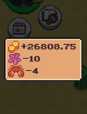A game interface screenshot shows a rewards notification displaying +26808.75 coins, -10 of a pink item, and -4 of a controller, with gear and item icons in the background.