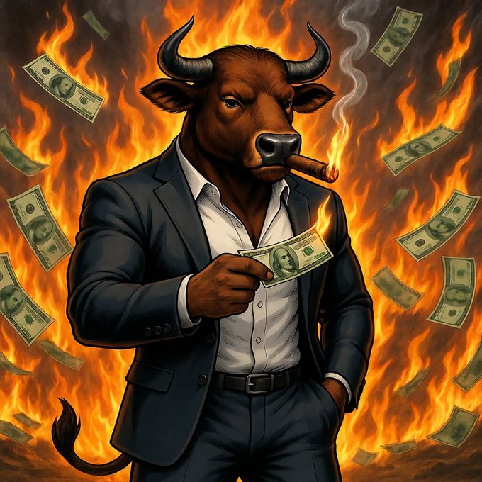 Cartoon illustration of an anthropomorphic bull in a business suit smoking a cigar, holding a hundred dollar bill, surrounded by flames and floating currency.