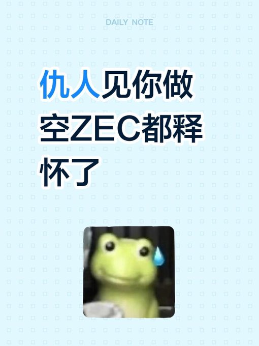 A "DAILY NOTE" graphic displays the Chinese text "仇人见你做空ZEC都释怀了" (meaning "Even enemies would let go of their grudges seeing you short ZEC") above a sweating, anxious frog meme, humorously illustrating the post's idea that shorting Zcash (ZEC) would be so universally satisfying that even enemies would forgive you.