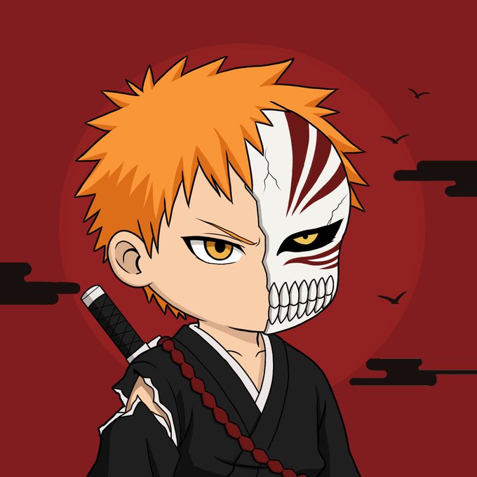 A chibi-style illustration of Ichigo from Bleach, depicted with his signature orange hair, half Hollow mask with red stripes and skeletal jaw, wielding a sword and wearing a black shinigami robe with a beaded necklace, set against a deep red background with crows and clouds. The image ties to the post's clue "A blade born from resolve. A soul forged in sacrifice," referencing Ichigo's identity as a Soul Reaper born from sacrifice, hinting that "Ichigo" is the answer to the riddle.