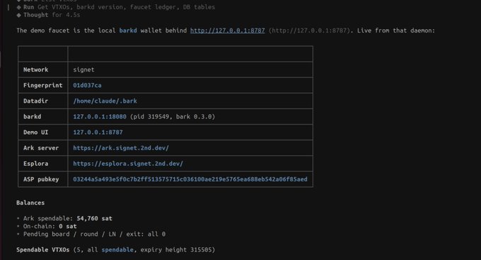 A terminal window displaying a GitHub-style readme for VTXOs on a bark demo faucet, showing network details (signet), fingerprint 01d037ca, barkd server at 127.0.0.1:10080, Demo UI, and balances including 54,760 sat plus spendable VTXOs.