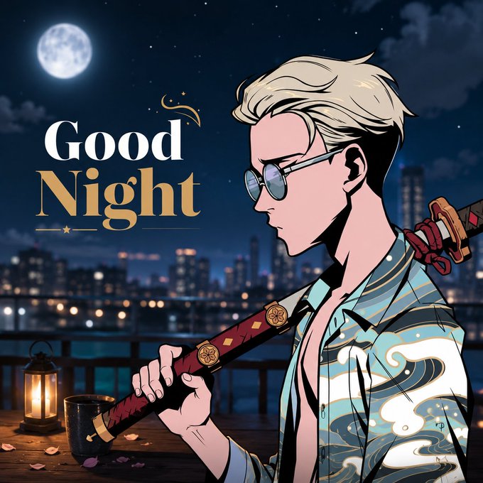 An anime-style illustration with the text 'Good Night' featuring a blonde character wearing sunglasses and a wave-patterned jacket, holding a katana against a night cityscape with a full moon.