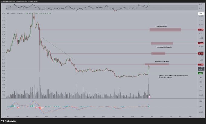 This image shows a TradingView candlestick chart of Binance AVAX/USDT, displaying a multi-month price history from August through 2026 with technical indicators and annotated trading targets. Key resistance levels are marked at approximately $17.60 ("Needs to break here"), $19.30 and $22.45 ("Intermediate targets"), and $27.80 ("Ultimate target"), aligning with the post's bullish outlook that a breakout could propel the price toward $27 with interim targets at $17 and $22.