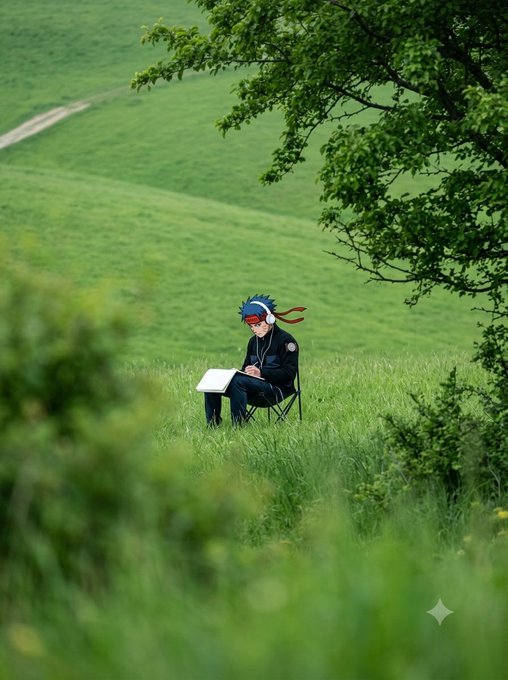 Anime-style character with blue spiky hair and red headband sits on a folding chair in a lush green field, sketching in a notebook under tree branches.