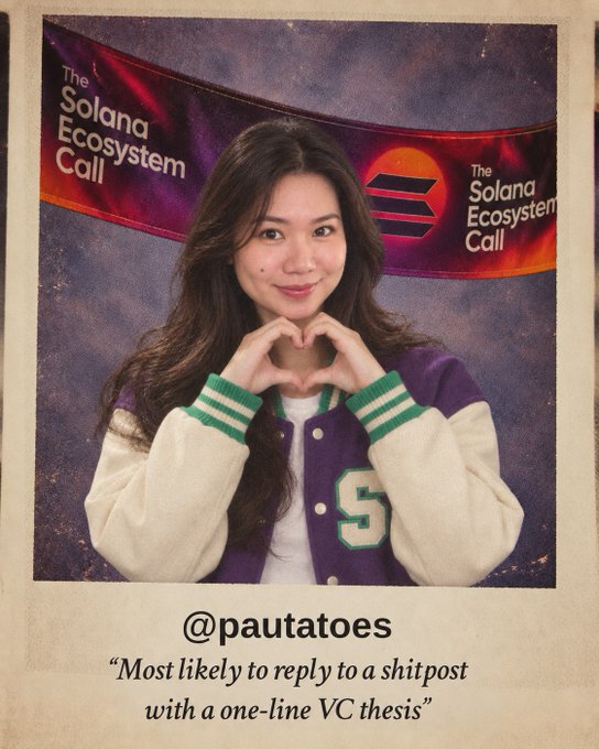 A polaroid-style photo of a smiling woman making a heart shape with her hands at 'The Solana Ecosystem Call' event, captioned '@pautatoes: Most likely to reply to a shitpost with a one-line VC thesis'.