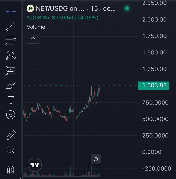A TradingView price chart for NET/USDG showing a current price of 1,003.85 with a +4.05% gain, displayed on a dark-themed interface with drawing tools on the left sidebar.