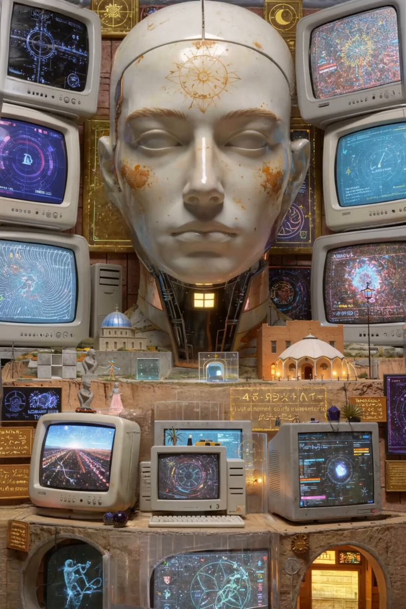 The image features an art installation with various electronic devices, including multiple televisions displaying different images or videos. The main focus of the artwork is a large white head statue positioned in front of these screens. The statues are illuminated by lights, creating a captivating visual effect. The phrase "Step into the sanctuary of glowing glass and electric hums" suggests that viewers should immerse themselves in this unique display to fully appreciate its artistic value.