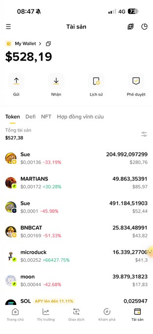 A Vietnamese cryptocurrency wallet screenshot showing a balance of $528.19 with tokens listed including Sue (-33.19%), MARTIANS (+30.28%), Sue (-45.98%), BNBCAT (-51.33%), microduck (+66427.75%), moon (-42.68%), and SOL.