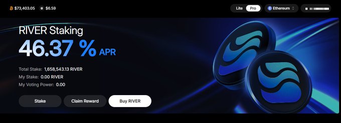 The image depicts a website with an overlay containing two blue circles, one labeled "River Staking" and the other "River I have been routing my testnet yield directly into live omnichain vaults". The text below mentions that the user has been paying via "gRiver dot inc" to receive their funds. The text also suggests an exchange of value for tokens or something related, indicating a potentially automated system. Furthermore, it outlines some conditions, including receiving 0.36% of the total active user base and using a native layerzero protocol to transfer value seamlessly without wrapped asset risk. The image provides context about how this exchange is happening on the website's platform.