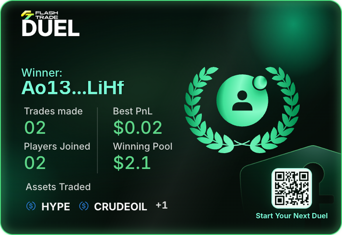A "Flash Trade Duel" results screen showing "Ao13...LiHf" as the winner with 2 trades made, a best PnL of $0.02, a winning pool of $2.1, and assets traded including HYPE and CRUDEOIL.