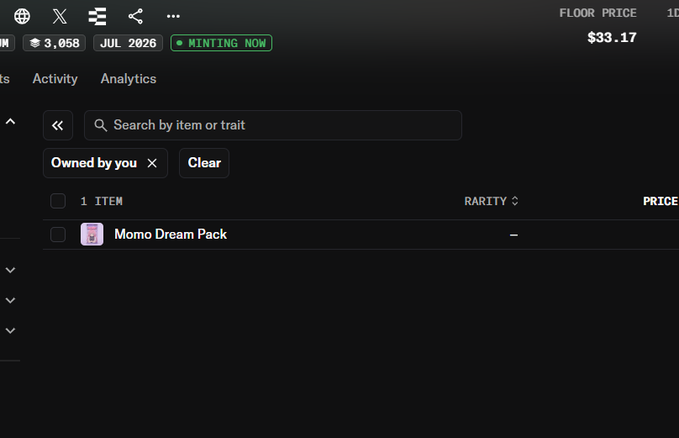 A screenshot of a TessonChain NFT marketplace page showing a "Momo Dream Pack" collection with a floor price of $33.17, a minting status indicator, and a filtered "Owned by you" tab displaying 1 item, reflecting the user's recent mint from the Momo Yumemi collection by Cute Mikaasa.