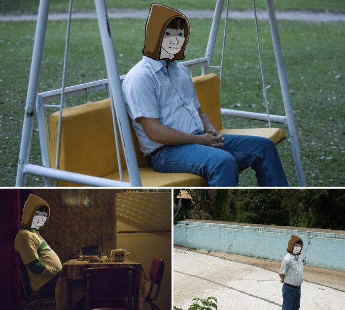 A collage of three photos showing a man in everyday settings (on a swing, in a kitchen, and by a pool) with a cartoonish drawn face superimposed over his head.
