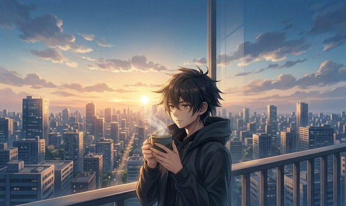 The image features a man standing near a balcony, holding a cup of coffee or tea while looking out at an urban cityscape with buildings. The caption for this image reads "GM Let' s move into @useTria". This suggests that the photo is related to a social media platform where users can share their experiences and locations by tagging them in their posts.