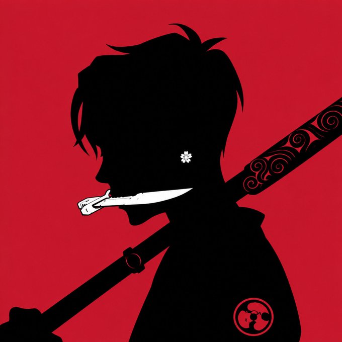 A stylized silhouette of a character with a sword in their mouth against a red background, featuring a flower earring and a Japanese family crest.