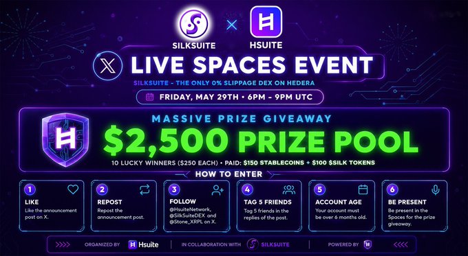 The image features a purple banner with white text advertising an event related to SilkSuit and HSuite Network. The event details include that it will be held on Friday, May 29th at 9pm or 10pm. Additionally, there is a prize pool for $2,500 to enter, which is worth 5 points each won in a competition called the "Massive Prize Giveaway". Several prizes can be won, including $250 for being a Twitter fan and $350 for participating in an Instagram contest.