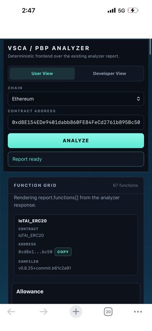 A mobile screenshot of the "VSCA / PBP ANALYZER" tool showing a contract analysis for an Ethereum contract with address "0xd8E154E0e9401dabb860FE84FeCd2761b895Bc50", displaying function information for "IotAI_ERC20" v0.8.25+commit.b61c2a91.