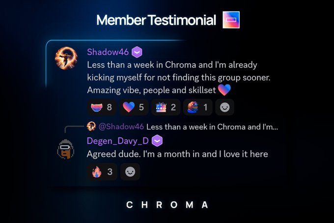 A "Member Testimonial" graphic featuring positive comments from Discord users Shadow46 and Degen_Davy_D praising the Chroma trading group, with engagement metrics (8, 5, 2, 1 reactions on the first comment and 3 reactions on the reply), reinforcing the post's message about the value of the #ChromaTrading community.