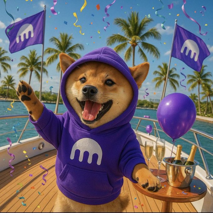 An AI-generated image of a Shiba Inu dog wearing a purple hoodie with a white logo, celebrating on a yacht with palm trees, balloons, and purple flags bearing the same logo in the background.