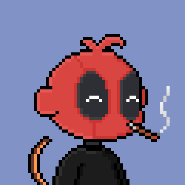 This pixelated image features a red character resembling Deadpool smoking, which serves as the mascot for the "MonkeyHood 2x (GTD) GIVEAWAY - FREE" event. The giveaway is a promotion for the @MonkeyHoodNFT project.