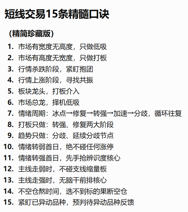 A Chinese-language infographic titled "短线交易15条精髓口诀" (15 Essential Short-Term Trading Mantras) listing trading principles in numbered format from 1 to 15, covering concepts like market width vs. height, emotional cycles, board beating strategies, and mainline strength—aligning with the accompanying post which shares a partial translation of the first four mantras about buying dips when markets have width, chasing boards when they have height, watching group hugs during downturns, and seeking resonance during uptrends.