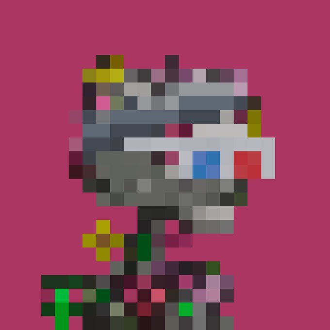 A heavily pixelated/mosaic-style image on a bright pink background, appearing to depict a figure or character rendered in low-resolution colorful blocks.