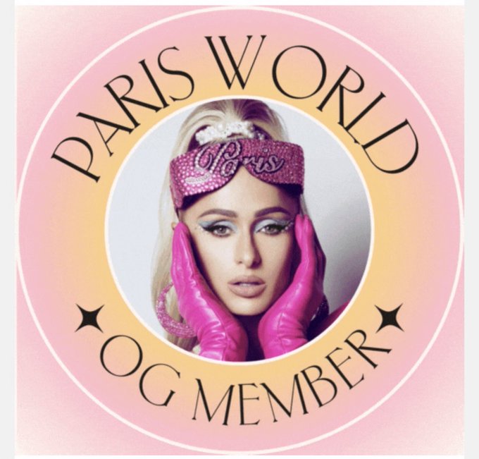 A circular graphic with a pink and orange gradient reading 'PARIS WORLD OG MEMBER' featuring a woman with a pink 'Paris' sleep mask and matching pink gloves.