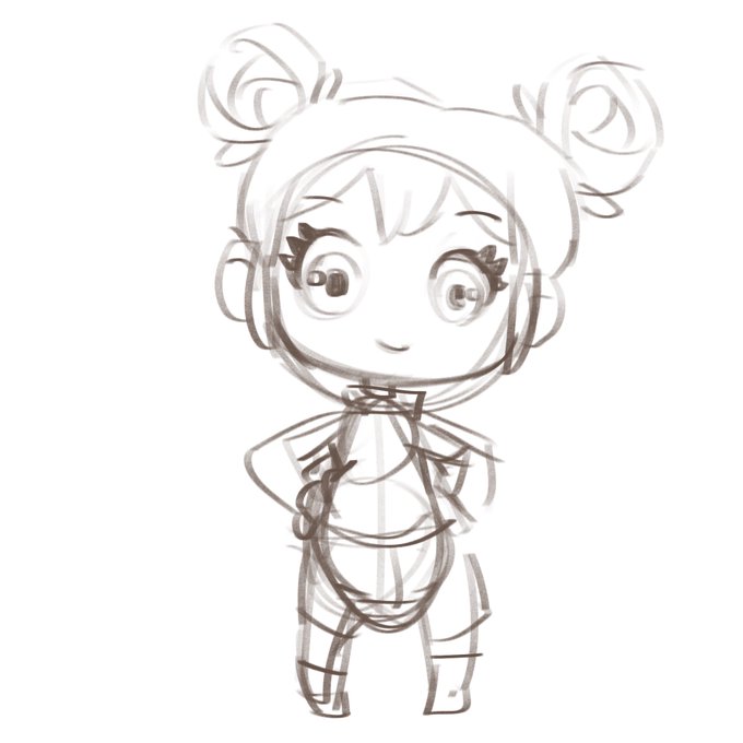 A pencil sketch of a cute cartoon character with twin buns and large eyes, drawn in a rough draft style.