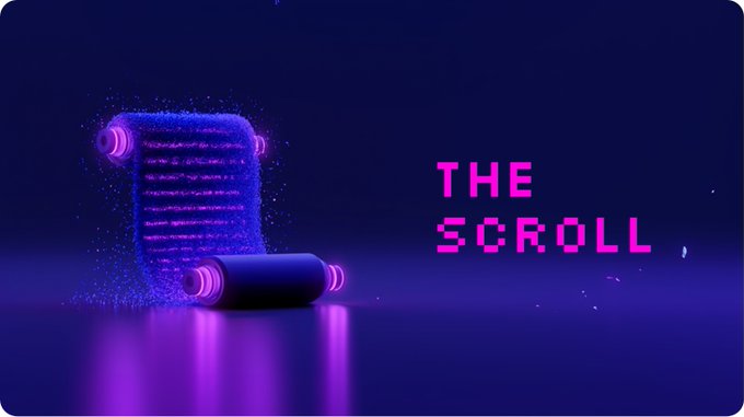 A neon-pink and purple 3D illustration shows a glowing digital scroll alongside the pixelated text "THE SCROLL," visually evoking the cryptographic and privacy-focused theme of CoinJoin's anonymity limitations explored in the Bitcoin Wizards commentary.