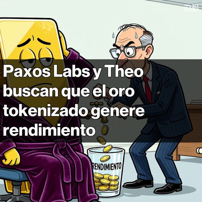 An illustrated image with Spanish text reading 'Paxos Labs y Theo buscan que el oro tokenizado genere rendimiento,' depicting a phone character in a robe sitting while a businessman in a suit pours gold coins into a cup labeled 'RENDIMIENTO.'