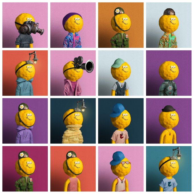 A grid of 16 cartoonish 3D-rendered yellow lemon characters dressed in various outfits including military uniforms, casual wear, and creative accessories against colorful backgrounds.