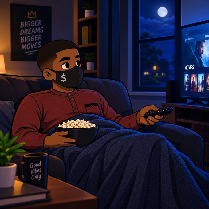 A cartoon illustration of a person wearing a black face mask with a dollar sign ($) on it, relaxing on a couch with popcorn, holding a remote, watching movies on TV. Visible text includes a wall poster reading 'BIGGER DREAMS BIGGER MOVES' and a coffee mug that says 'Good Vibes Only'.