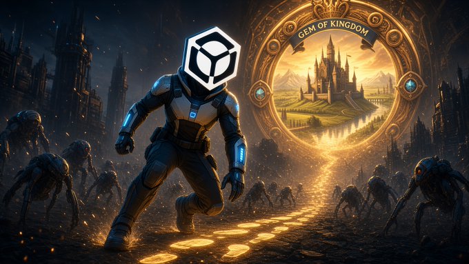 A digital artwork shows a futuristic armored figure running along a glowing path toward a 'GEM OF KINDGOM' portal revealing a fantasy castle, surrounded by shadowy creatures.