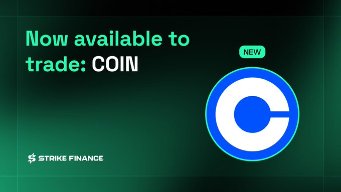 A promotional graphic from Strike Finance announces 'Now available to trade: COIN' with a blue 'C' coin logo and a 'NEW' badge on a green background.
