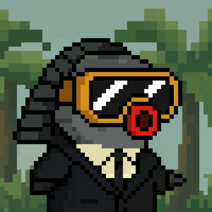A pixel art illustration of a black, seal-like character wearing large yellow goggles and holding a red camera, set against a green pixelated background.