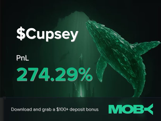 A MOBX promotional image featuring a green crystalline whale and the text $Cupsey with a PnL of 274.29%, offering a $100+ deposit bonus.