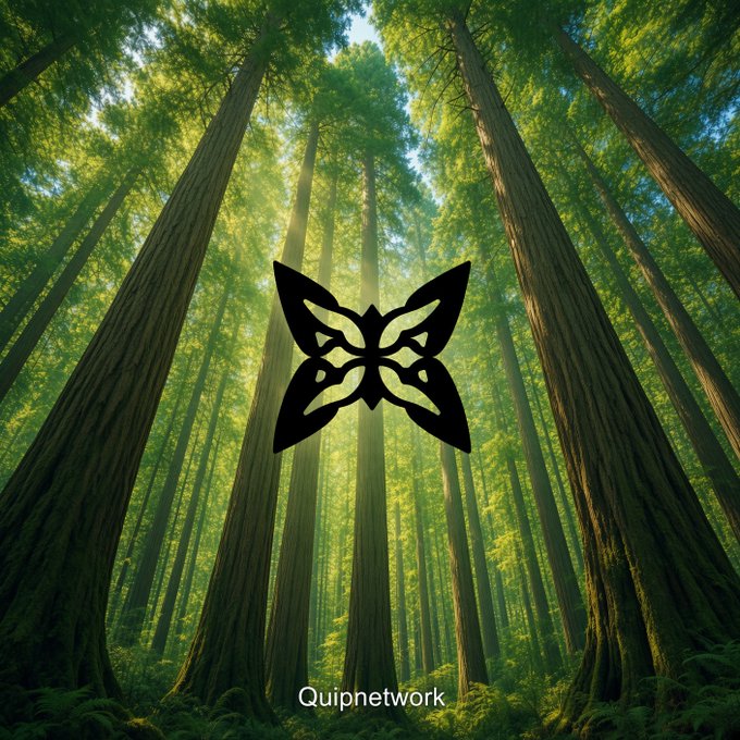 A symmetrical black butterfly-like logo is superimposed over a sunlit forest of tall trees, with the text 'Quipnetwork' at the bottom.