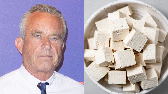A split image showing Robert F. Kennedy Jr. on the left and a bowl of tofu cubes on the right.