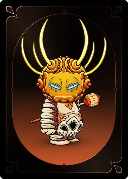 A digital illustration of a stylized yellow tiki-like creature with glowing antlers, blue eyes, and mummy-style wrappings, holding a small skull and wearing tribal ornaments, set against a dark orange background with decorative framing.
