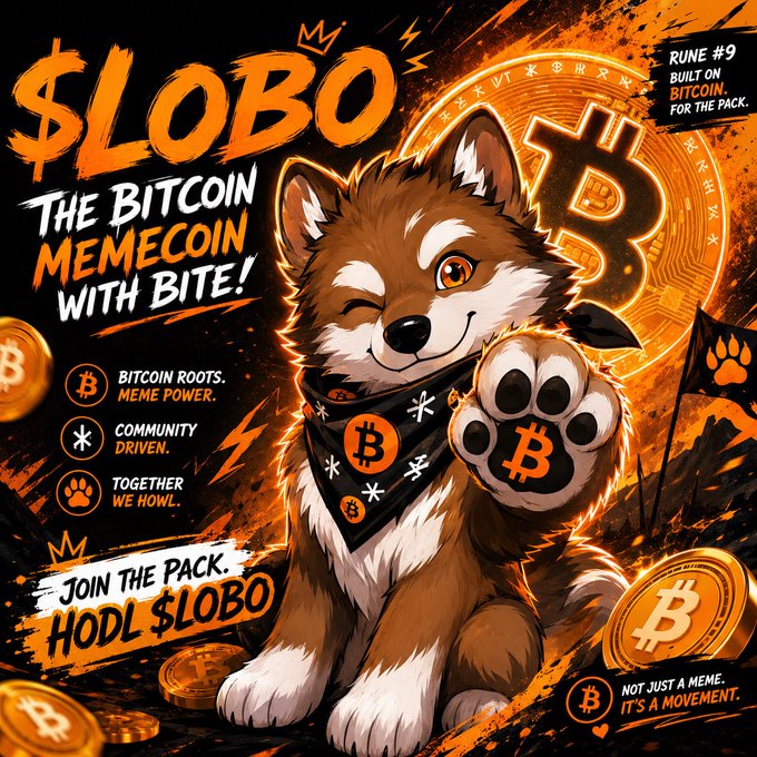 The image features a cartoon dog wearing a bandana with the words "LOBO" written on it, sitting next to a pile of gold coins. The text in the image reads "The Bitcoin meme coin with bite!", which seems to be related to the concept of Bitcoin or cryptocurrency. The post also mentions that there is a "pack" for Bitcoin and a "dog" wearing a bandana with the words "LOBO".