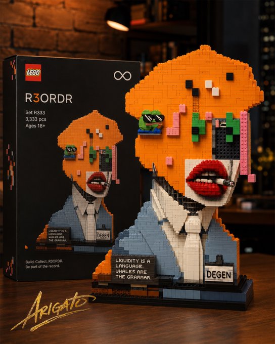 A product image shows a LEGO-style art set titled 'R3ORDR' featuring a pixelated bust of a man in a suit labeled 'DEGEN,' with a plaque reading 'LIQUIDITY IS A LANGUAGE. WHALES ARE THE GRAMMAR.'
