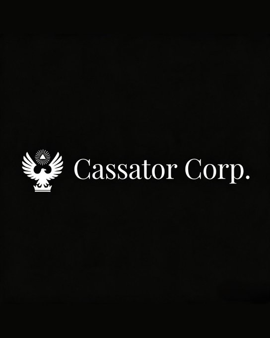 A black background displaying a white logo featuring a bird with spread wings and a crown above it, accompanied by the text 'Cassator Corp.'